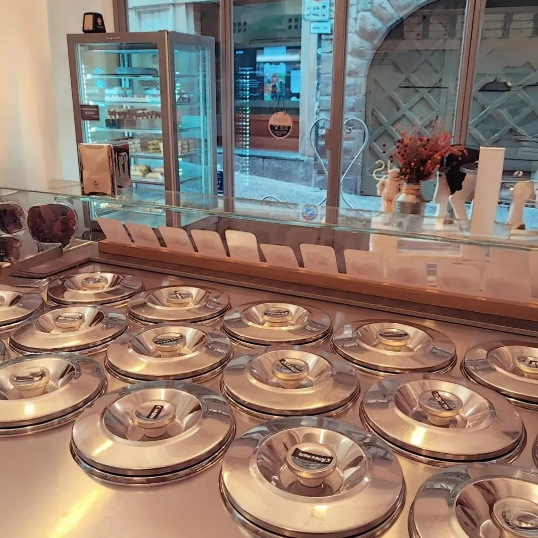 Artisanal ice cream produced daily in the open-view laboratory of Gelateria DOMUS, stored in carapine to ensure quality and freshness.